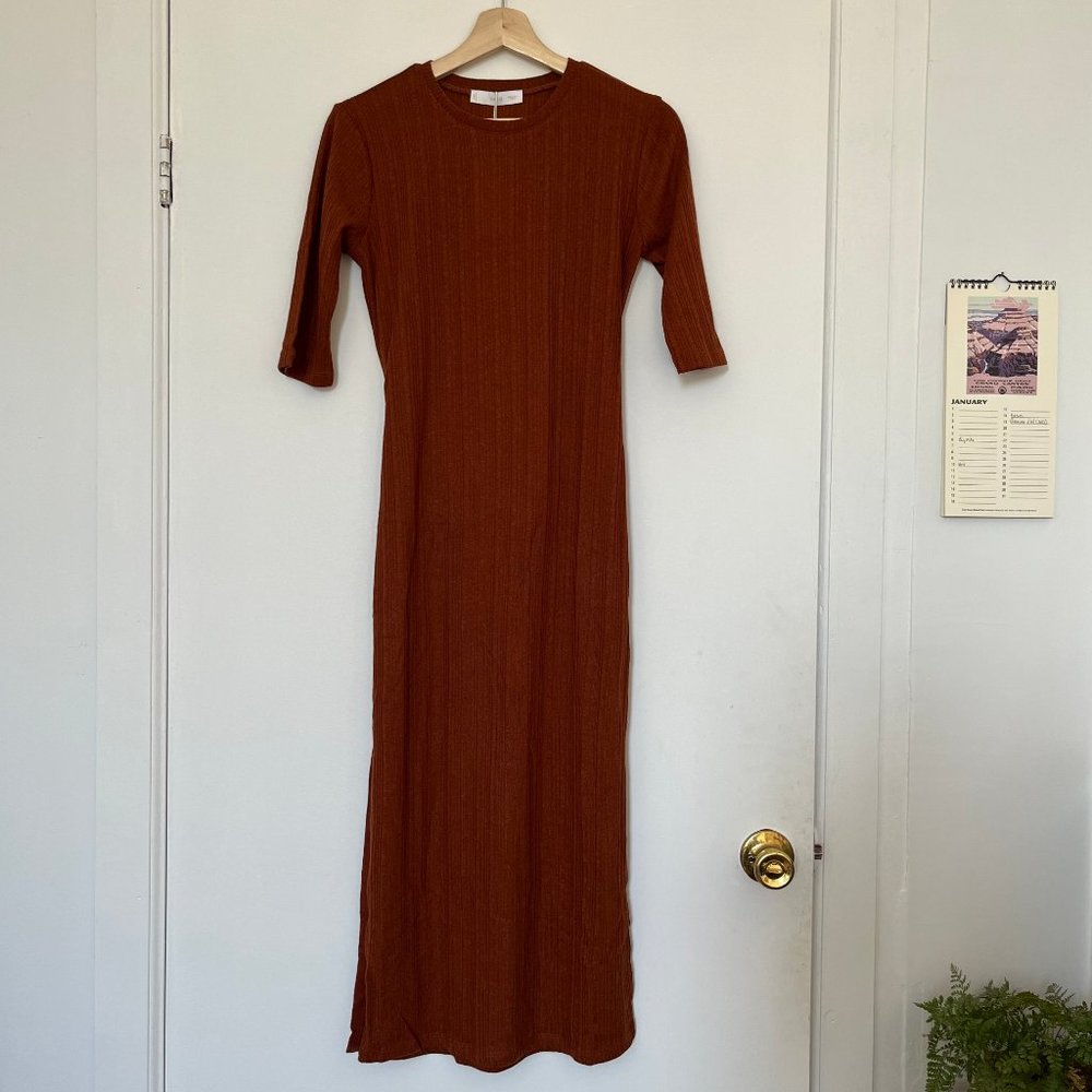 MANGO Tie-Waist Ribbed Midi Dress - Rust
